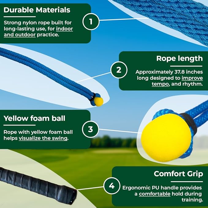 Golf Rope Swing Trainer – Weighted Rope with Yellow Ball, Improve Swing Speed, Tempo, Rhythm & Strength – Indoor/Outdoor Training Aid with Manual, Bag – Gift for Men