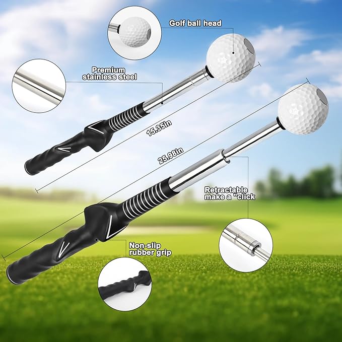 Retractable Golf Swing Trainer, Grip Trainer with Arm Band for Right-Handed Golfers -Portable Golf Training Aid with Click Feedback for Indoor/Outdoor Practice - Ideal for Beginners