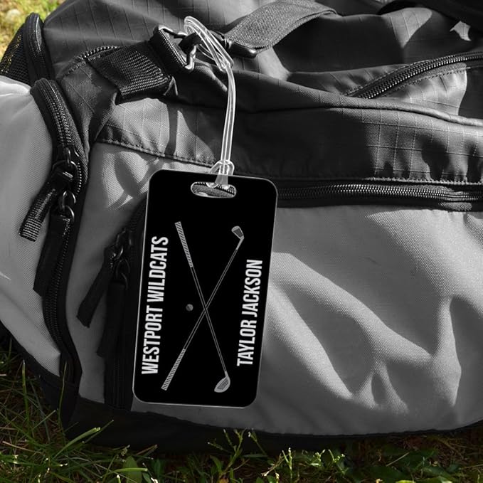 ChalkTalkSPORTS Golf Luggage & Bag Tag | Personalized Crossed Golf Clubs | Standard Lines on Back | Large | Black/Gray