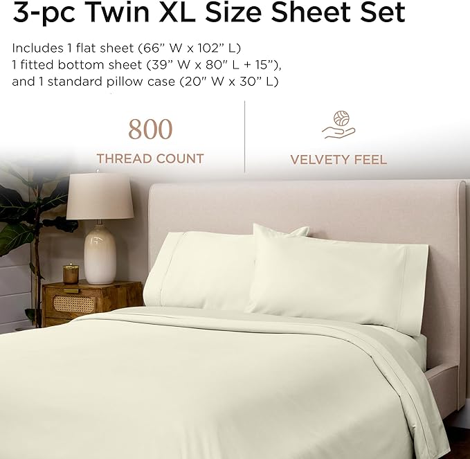 Threadmill Luxury 800 Thread Count 100% Cotton Sheets - Sateen Weave Twin XL Bed-Sheets, Better Than Egyptian Cotton,3 Pc Solid Soft Bedding Set (Ivory), Fits 15" Deep Pocket
