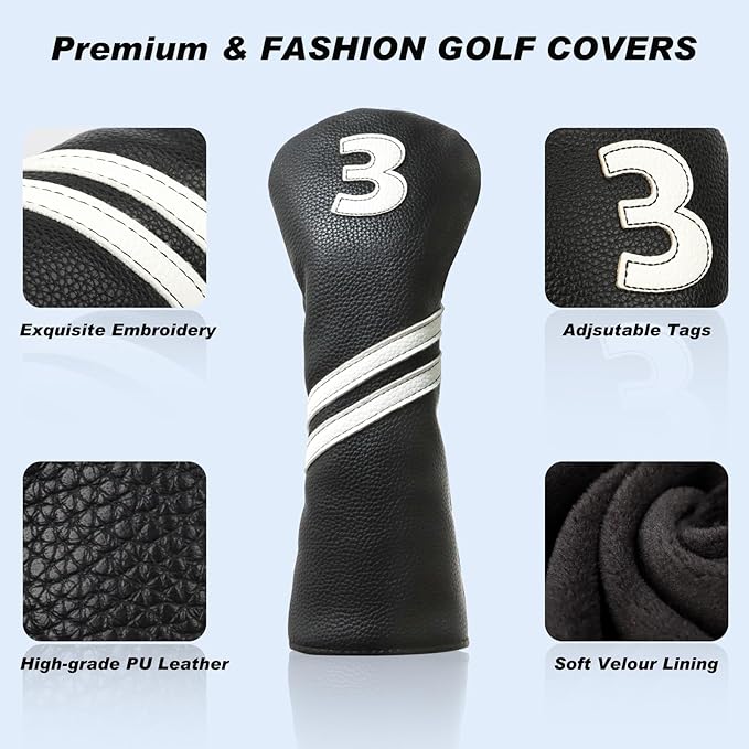 Golf Club Covers,4pcs or 1pc Golf Headcovers for Woods and Driver Fairway Hybrids Women Men - Premium PU Leather with Interchangeable Tags & Magnetic Blade and Mallet Putter Covers