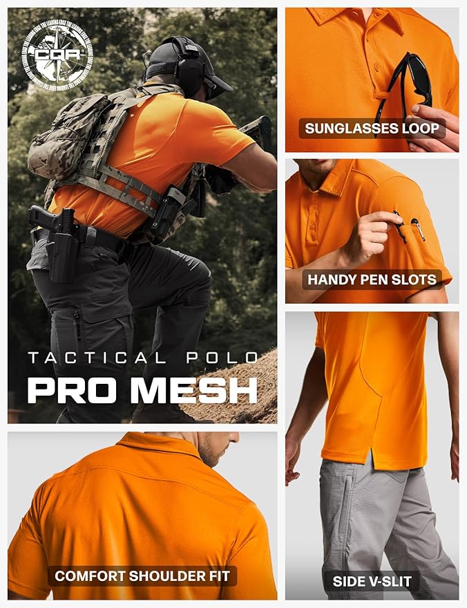 CQR Men's Polo Shirts, Tactical Short Sleeve Golf Performance Shirts, Lightweight Dry Fit UPF 50+ Pique
