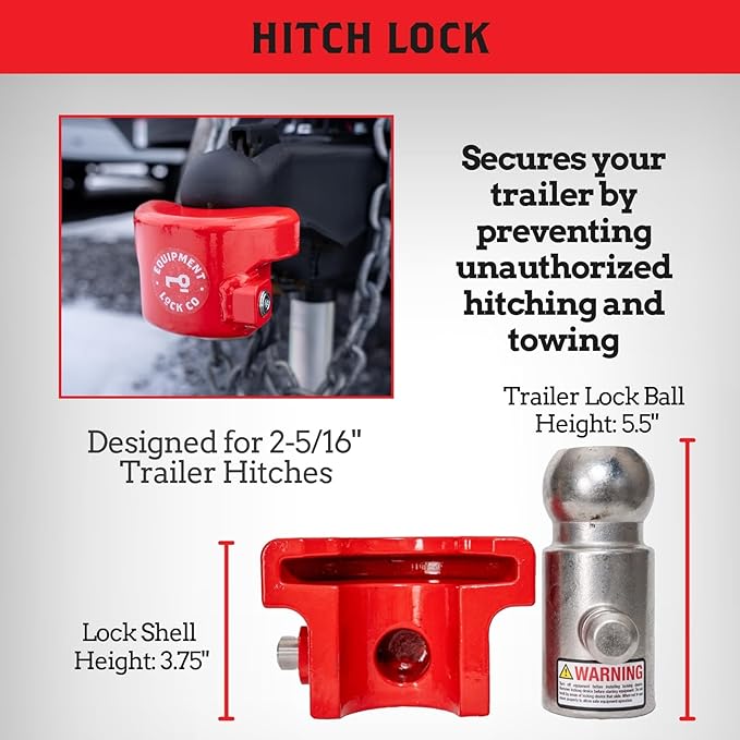 Equipment Lock Trailer Hitch Lock for 2 5/16” Ball Hitch - Hardened Steel Trailer Tongue Lock with Rust-Resistant Coating - Durable Boat, RV, Travel Trailer Coupler Lock (Keyed Differently)