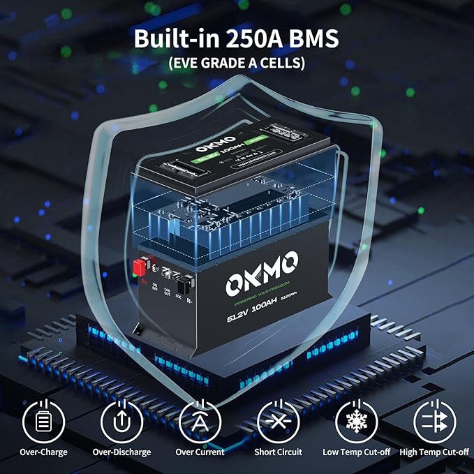 OKMO 48V 100Ah Lithium Golf Cart Battery Built-in Smart 250A BMS with 58.4V 22A Battery Charger APP Supported 4000+ Cycles