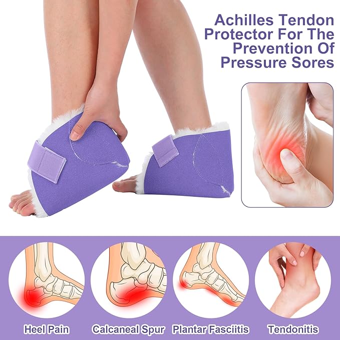2 Pcs Heel Protectors for Pressure Sores Sheepskin Heel Pads Soft Foot Cushions Pad Protectors Adjustable Foot Pillows with Securing Strap for Bed Sore Ankle Ulcers(Purple)
