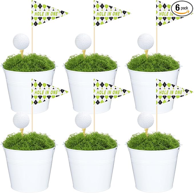 6 Set Golf Party Table Decorations Kit Party Supplies Includes Mini Golf Iron Bucket White Artificial Moss Lawn Flag Centerpiece Wooden Peg for Birthday Sport Themed Desk Rugby Favor(Round)