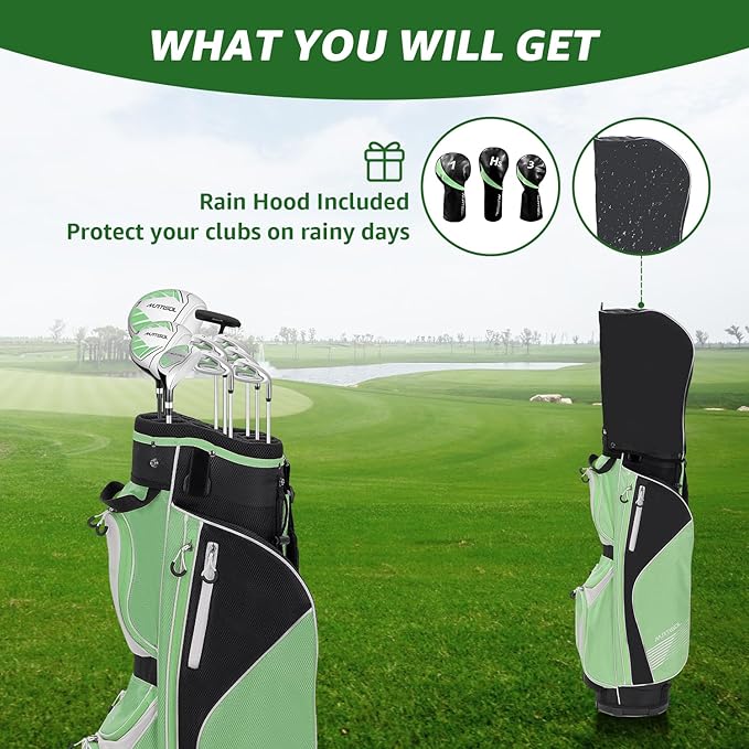 10 Pieces Golf Clubs Full Set Mens Right Hand,Golf Set Includes Stand Bag with Rain Hood, 1#Driver 3#Wood #5 Hybrid,with 3 Head Covers, 6# 7# 8# 9# PW# Irons and Putter