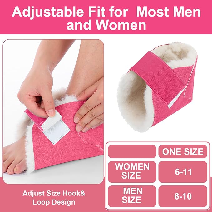 2 Pcs Heel Protectors for Pressure Sores Sheepskin Heel Pads Soft Foot Cushions Pad Protectors Adjustable Foot Pillows with Securing Strap for Bed Sore Ankle Ulcers (Pink)