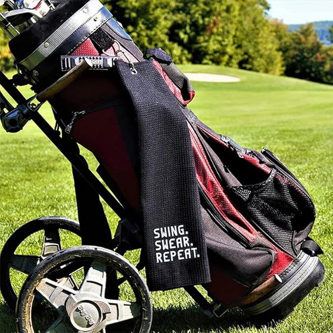 DYJYBMY Swing Swear Repeat Funny Golf Towel, Embroidered Black Golf Towel with Clip, Perfect Golf Birthday Gifts for Husband, Dad, Wife, Mom