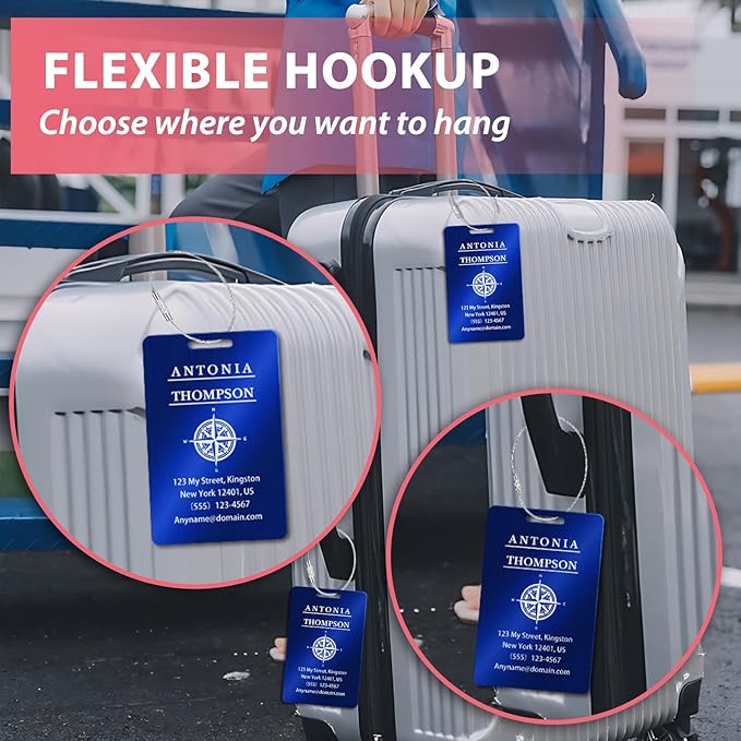 Custom Stainless Steel Luggage Tags (2 Pack) - Personalized Laser Engraved Luggage Tag, Waterproof Durable, for Bags, Backpack Travel, Suitcases (Blue)