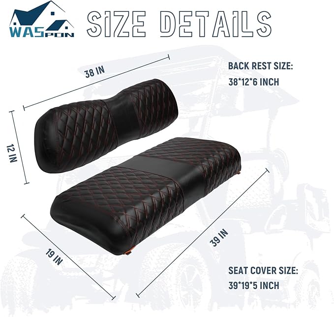 Golf Cart Vinyl Replacement Seat Covers fits Club Car DS 2000.5+, Diamond Front Seat Cover Black Stitching Durable Breathable & Easy to Clean