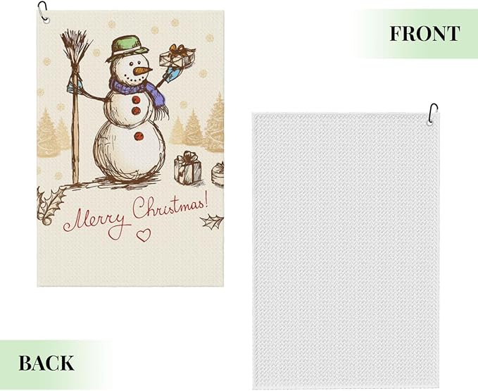 Christmas Snowman and Gift Golf Towel Waffle Microfiber with Hook Detachable Clip 24x16in