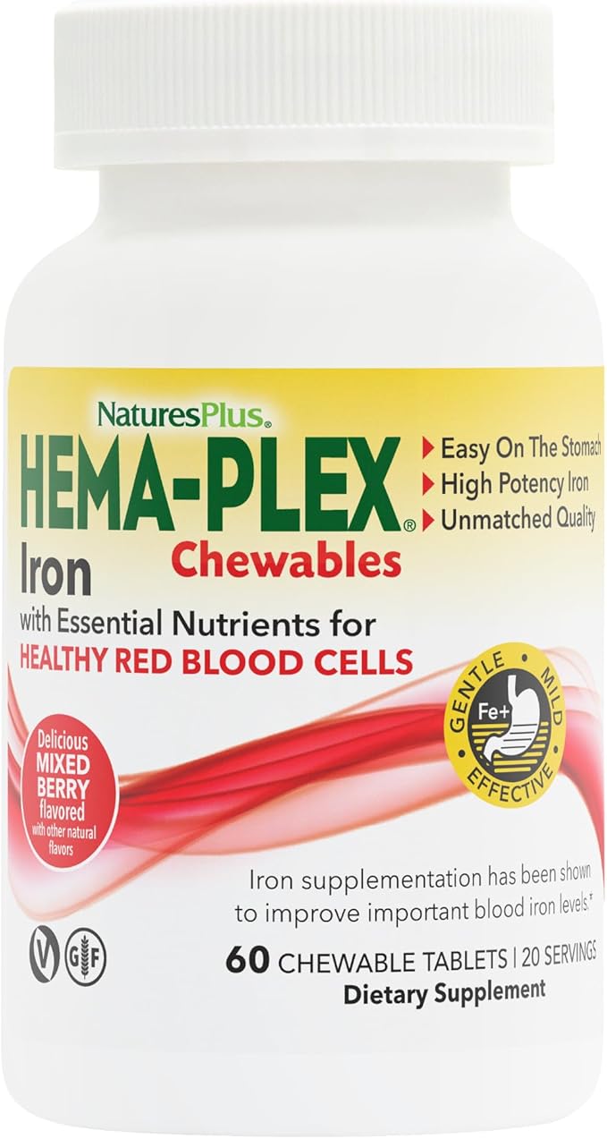 Natures Plus Hema-Plex Iron - 60 Mixed Berry Chewables - 85 mg Elemental Iron - Total Blood Health - with Vitamin C & Bioflavonoids - Vegan, Gluten Free - 20 Servings