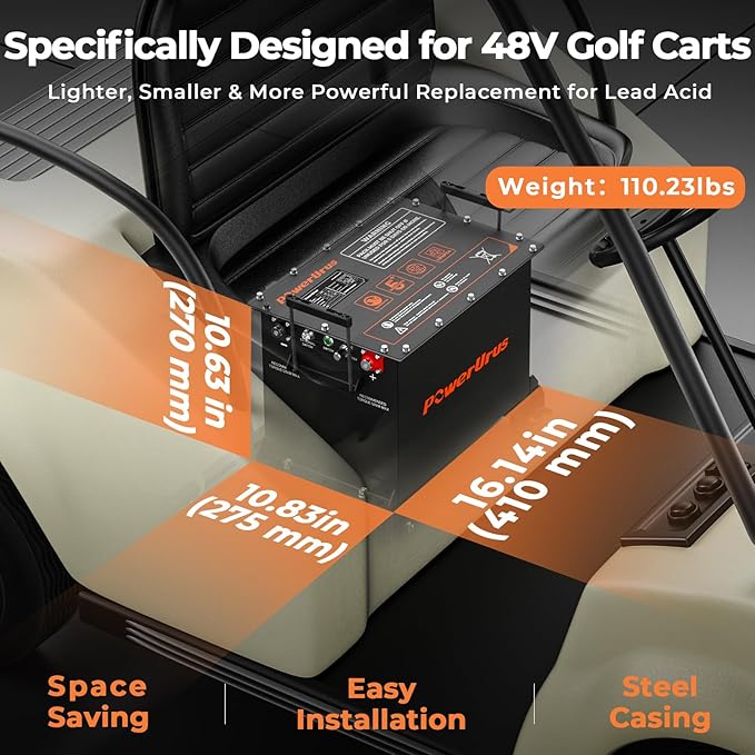 48V 100Ah Lithium Golf Cart Battery, PowerUrus 48V Lithium Golf Cart Battery, 48V 100Ah LiFePO4 Batteries, Built-in Max 300A BMS, with LCD Monitor & Mobile APP, 4000+ Cycles, Perfect for Golf Carts