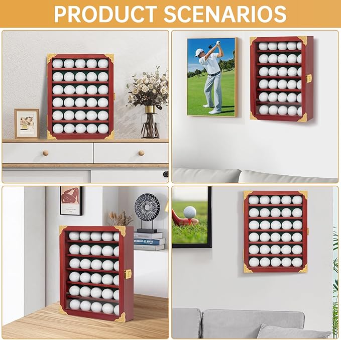 Golf Ball Display Case, Solid Wood Golf Ball Holder, Wall Mounted Golf Ball Rack with Acrylic Door for Golf Enthusiasts (Mahogany, for 30 Golf Balls)