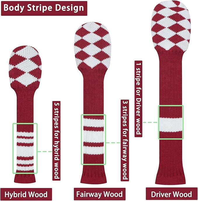 LeFeng 3Pcs Golf Club Covers, Knitted Golf Club Covers for 460cc Driver Fairway Woods and Hybrid