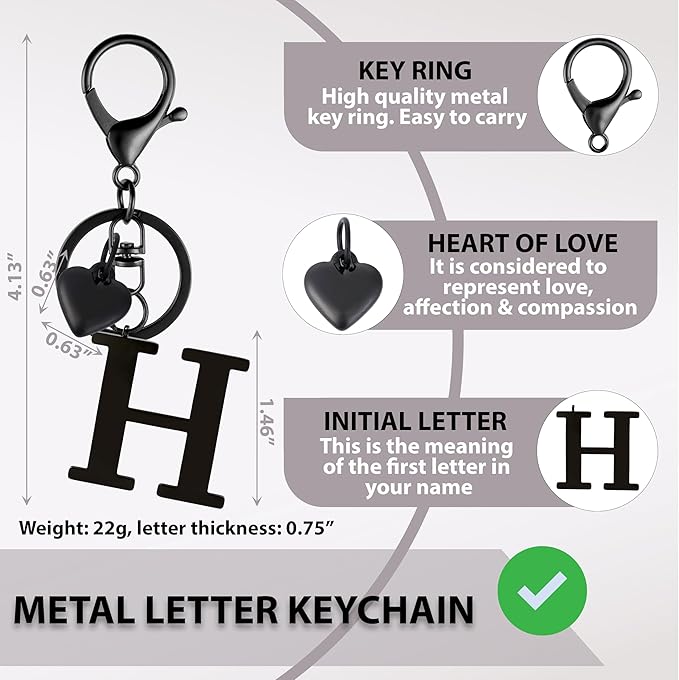 Metal Heart Alphabet Keychain for Women, Girls - Cute Initial Letter Accessories for Purse, Bag Charms and Backpack