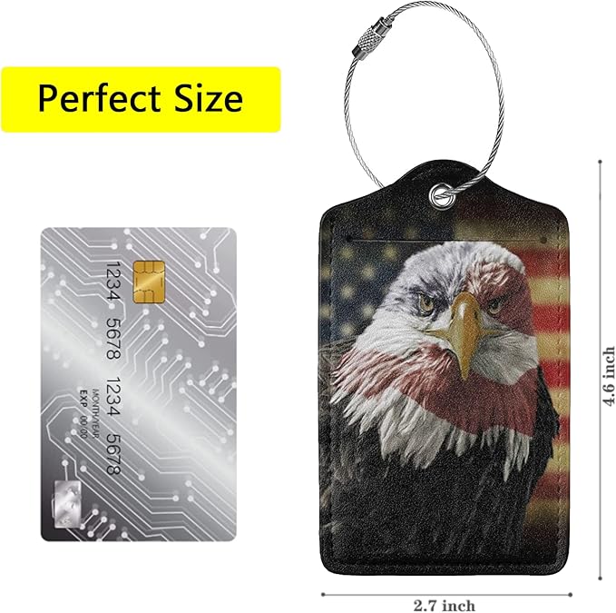 2 Pack Bald Eagle USA Flag Luggage Tags for Suitcases, Cool Leather Luggage Tag for Travel, Bag Tag Privacy Name ID Card Bag Labels for Friends Adults Kids Tourists