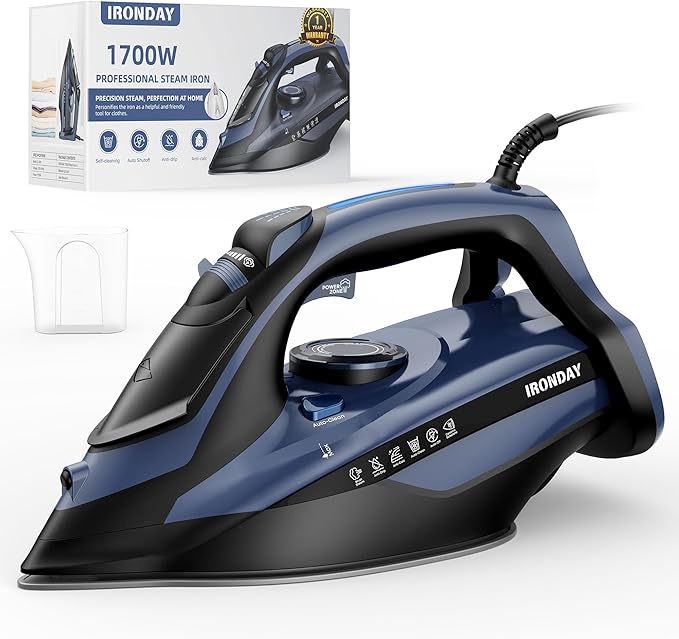 Steam Iron for Clothes 20s Fast Heating, 1700W Iron with 15.21oz Large Water Tank, 3-Way Auto shutoff, Burst Steam, Spray Mist, Anti-Drip, Self-Cleaning, Vertical Ironing for Home, Blue