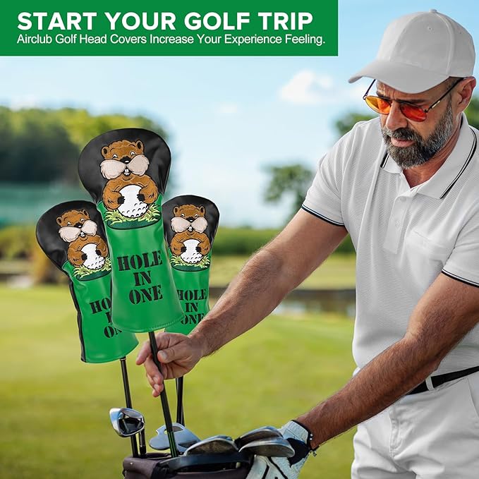 Golf Club Head Covers, Gopher Style Embroidery Golf Club Covers for Woods and Driver Fairway Hybrid, PU Leather Golf Head Covers for Men Women with Interchangeable Tags, Fits Most Golf Clubs