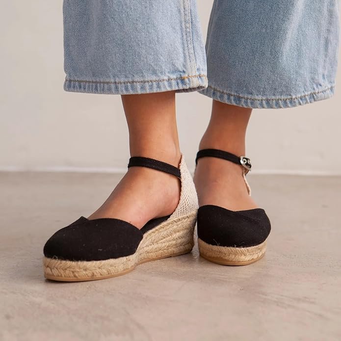 Girona Authentic Spanish Espadrille Wedge Sandals for Women - Sustainable, Eco Friendly, Vegan Shoes. Classic Style, Organic Cotton Canvas Upper, Comfy Insole, Jute Midsole, Rubber Sole. Made in Spain