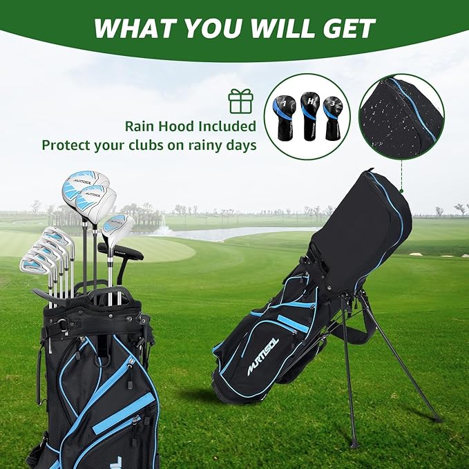 10 Pieces Golf Clubs Full Set Mens Right Hand,Golf Set Includes Stand Bag with Rain Hood, 1#Driver 3#Wood #5 Hybrid,with 3 Head Covers, 6# 7# 8# 9# PW# Irons and Putter