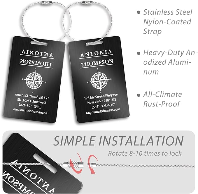 Custom Stainless Steel Luggage Tags (2 Pack) - Personalized Laser Engraved Luggage Tag, Waterproof Durable, for Bags, Backpack Travel, Suitcases (Black)