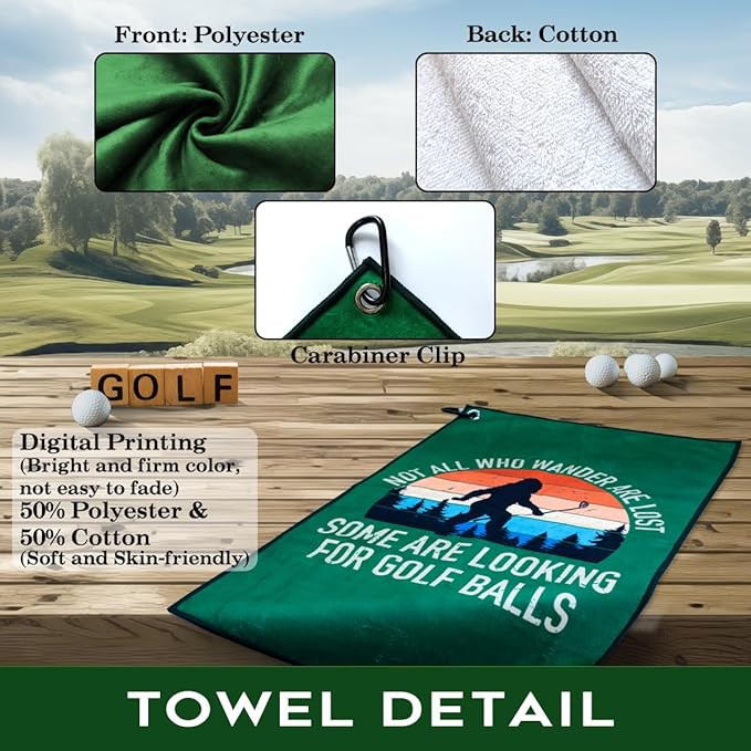 Not All Who Wander are Lost Polyester Printed Golf Towel for GolfBag, Funny Golf Gifts & Accessories for Men Women Golfs Fan Dad Grandpa, GolfLover Retirement Birthday Gifts (Green)