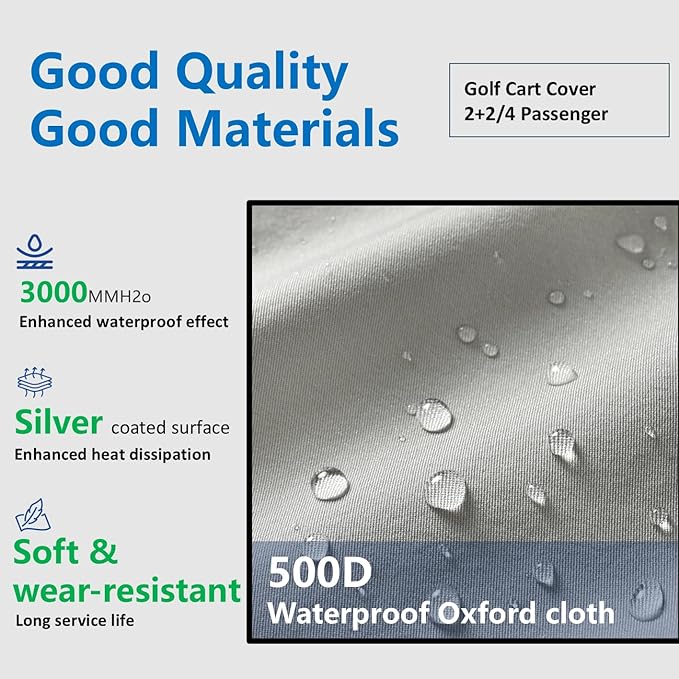 2/4 Passenger Golf Cart Cover for Yamaha EZGO Club Car, 420T Waterproof Polyester with Silver Coating,Waterproof,Dustproof,Windproof,Sunproof，All-Weather Protection (95-48-73-sliver)