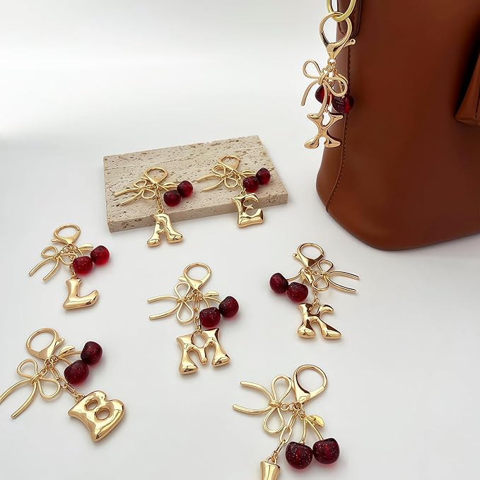 Gold Bubble Heart, Cherry, Bow & More Designs Letter Initial Keychain Bag Charms – Cute Purse Charms for Handbags