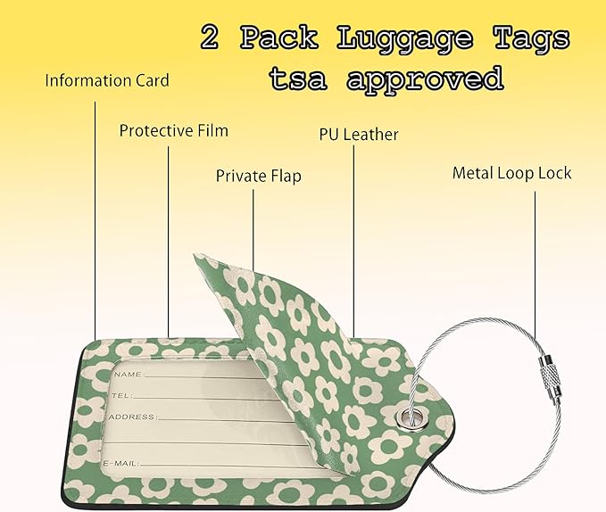 Leather Luggage Tags for Adults Teens,2 Pack Vintage Groovy Flowers Travel Bag Suitcase Labels with Stainless Steel Loop ID Tags Card Baggage Bag Label