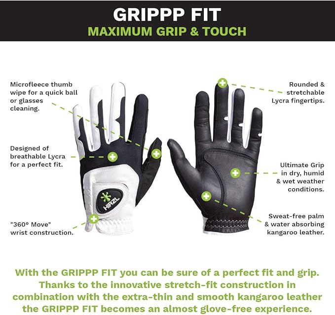 HIRZL GRIPPP FIT Ladies Golf Gloves – All Weather Womens Golf Glove (White/Black) | Kangaroo Leather & Lycra | Ultimate Grip/Wet or Dry | Breathable, Stretch Fit, Sweat Absorbent, Water Repellent