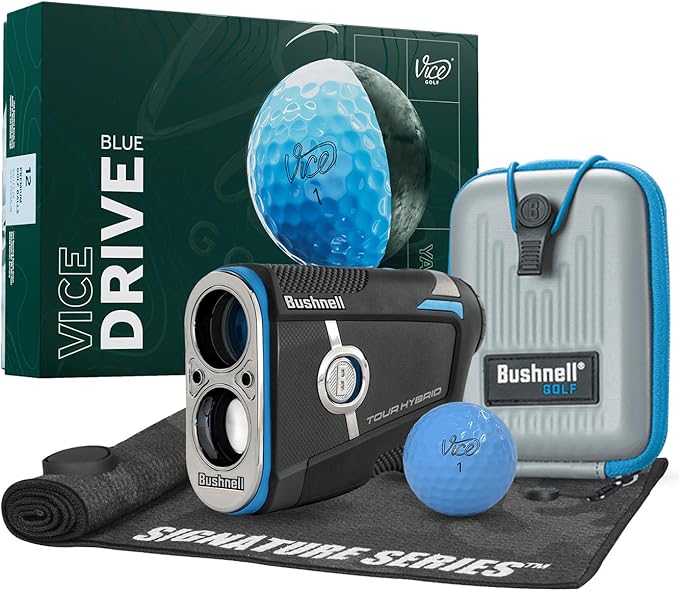 Bushnell Golf Tour Hybrid GPS Laser Rangefinder with Vice Balls | Slope Compensation, Magnetic Mount, Front/Middle/Back Distance, 1300 YD Range, PinSeeker | Signature Series Golf Towel