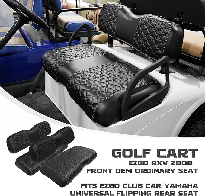 Golf Cart Front and Rear Seat Covers Waterproof and Sun Resistant Marine Grade Vinyl Leather Seat Cover Accessories for EZGO RXV 2008+, Black(4PCS)