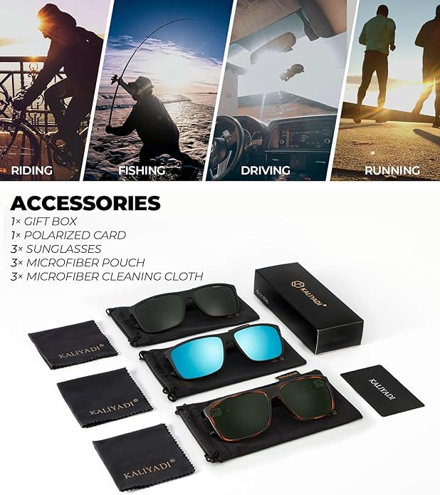 KALIYADI Polarized Sunglasses for Men and Women, Mens Sun Glasses with UV Protection for Driving Fishing Golf (3 Packs)