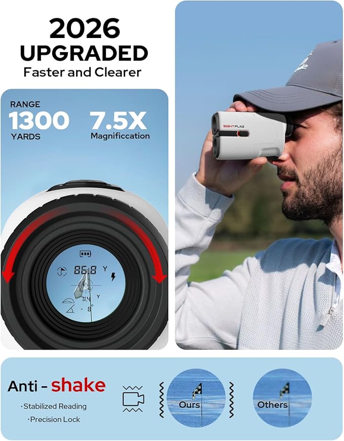 Golf Rangefinder with Slope, 1300 Yards Laser Range Finder Golf, 7.5X Magnification Flag Pole Locking Vibration Rechargeable Range Finders with Magnet Golf Accessories for Men Women Sightflag GF1