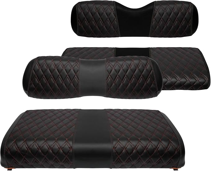 4PCS Golf Cart Diamond Seat Covers Kit, Fits Club Car DS 2000.5-up Golf Cart Vinyl Replacement Seat Cover （Black Stitching, No Stapler, Easy to Clean）