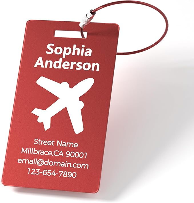 4 Pack Personalized Luggage Tags, Custom Engraved Aluminum Luggage Tags with Your Personalized Text, Waterproof Metal Name Tags with Steel Loop for Bags, Suitcase, Baggage, Backpack (Red, Large)
