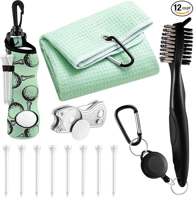 Liliful 12 Pcs Golf Accessories Kit, Include Golf Ball Bag with Hook Towel Tees Magnetic Ball Marker Divot Tool Cleaner Brush for Women Man Gifts