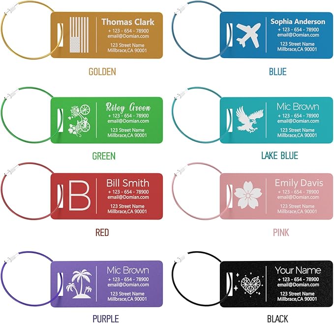 10 Personalized Metal Luggage Tags, Custom Suitcase Aluminum Name Tags with Steel Ring, Laser Engraved Name and Logo, for Travel, Backpack, Baggage, Golf Bag (Purple)