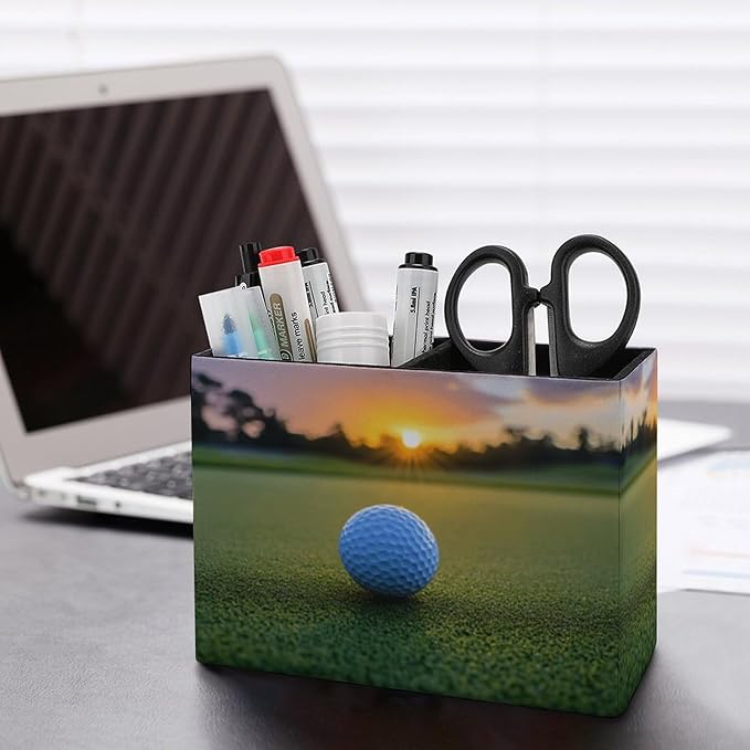 Pens Holder, Pencils Holder for Desk Organizer, Sport Golf Ball Sunset PU Leather Pencil Cups Desktop Stationery Storage Makeup Brush Holder Pens Organizer for Office Home