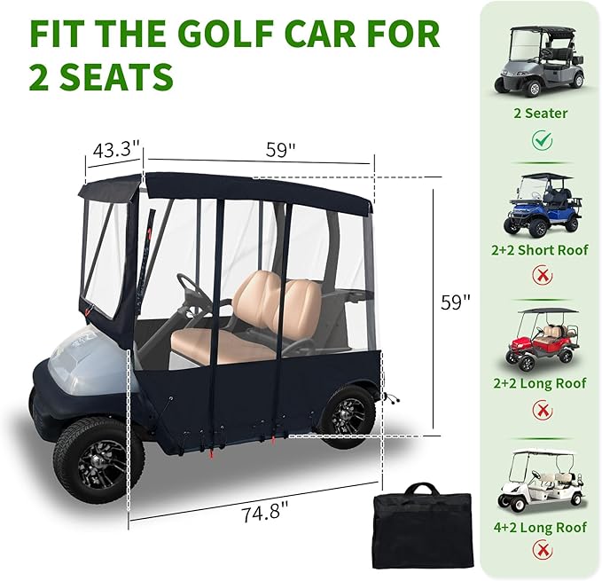 Tecoom Golf Cart Enclosure 2/4/6 Passenger, Golf Rain Cover 600D Waterproof Snowproof, Door Zippers, Clear Windows and Windproof Hooks, Universal Fit for EZGO, Yamaha, Club Car