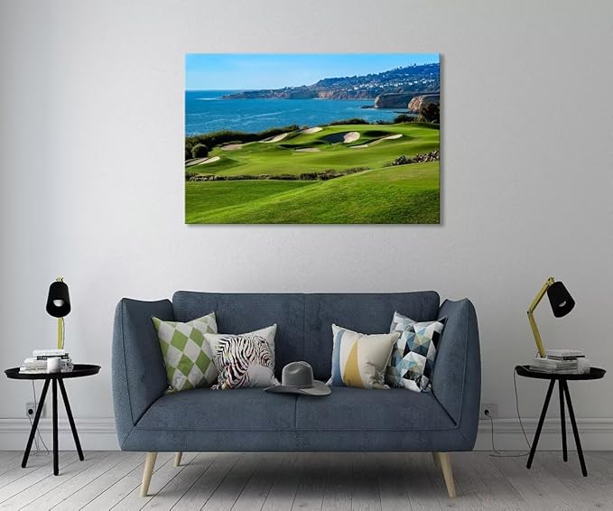 California Coastal Golf Course Wall Art for Living Room Bedroom Bathroom Home Decorations Coastal Golf Course Picture Poster Framed Artwork Canvas Prints Ready to Hang(12''H x 16''W)