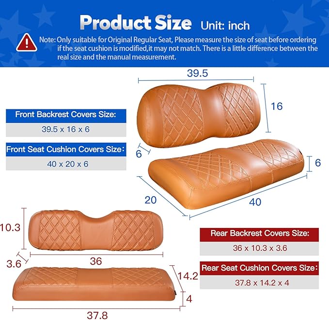 NOKINS Golf Cart Diamond Front&Rear Seat Covers Kit, Front Seat Covers Fits Club Car Precedent/Tempo/Onward Premium Seat Cushion, Rear Seat Covers Fits Aftermarket Standard Cushion (All Brown)