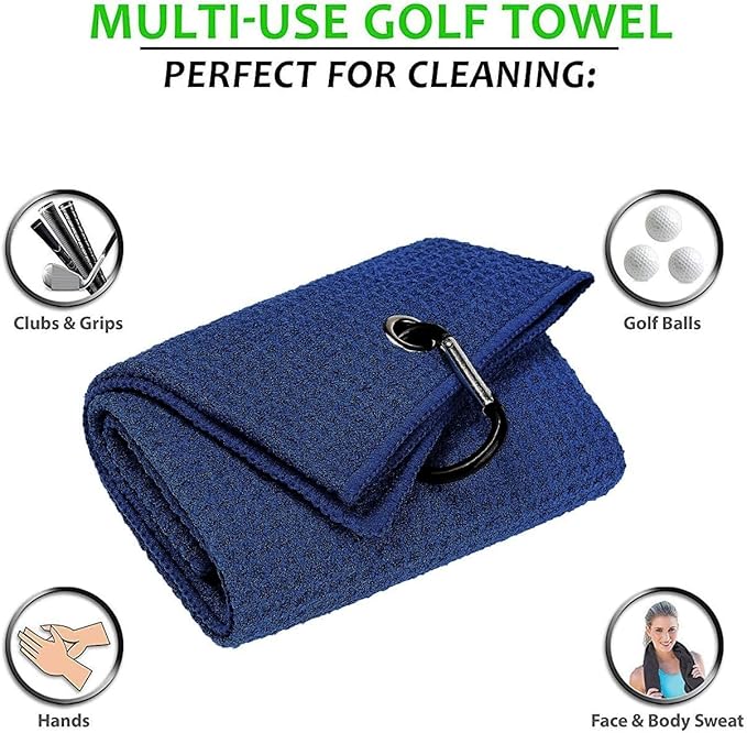 Golf Towels, Microfiber Waffle Pattern Tri-fold Golf Towel - Brush Tool Kit with Club Groove Cleaner, with Clip Men Women Golf Gifts (Navy Blue Towel+Black Brush)