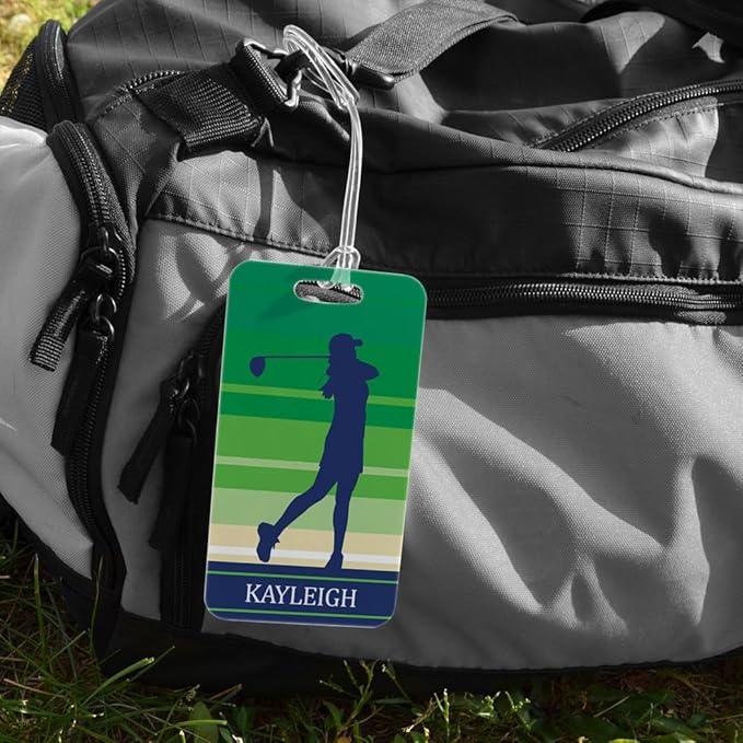 ChalkTalkSPORTS Golf Luggage & Bag Tag | Personalized Female Golfer | Standard Lines on Back | Large | Green