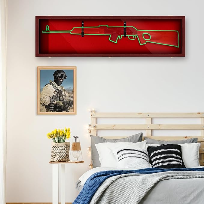 44.88'' Gun Display Case Wall Mount Wooden Rifle Firearm Display Case W/ 98% UV Protection Acrylic Clear Door with Lock Gun Shadow Box Wall Rack Holder for Collection