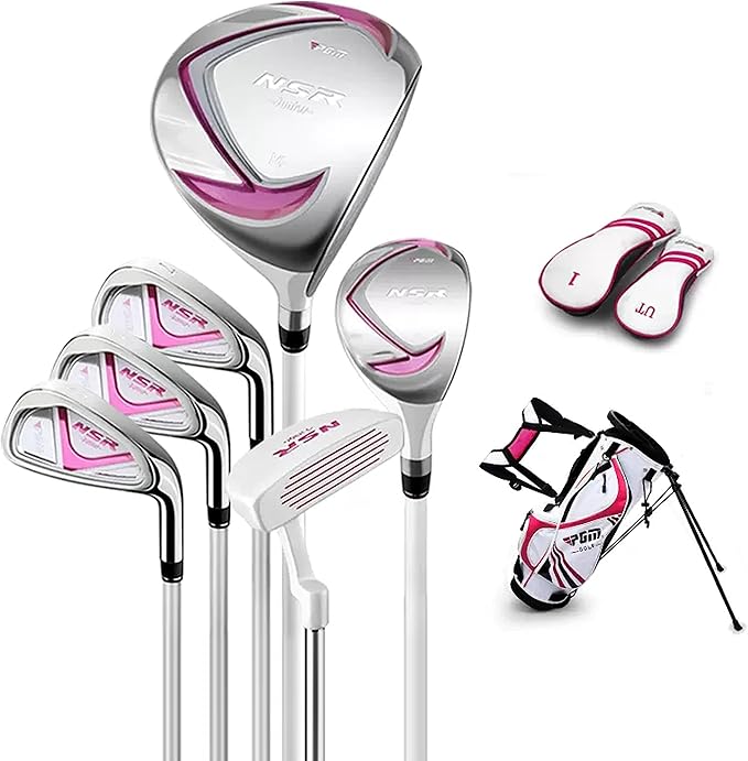 PGM Golf Club Set - 9 Pieces Junior Complete Golf Club Set for Kids Children - Right Handed - Driver(#1), Hybrid, Iron(#7,#9,#S), Putter, Golf Stand Bag