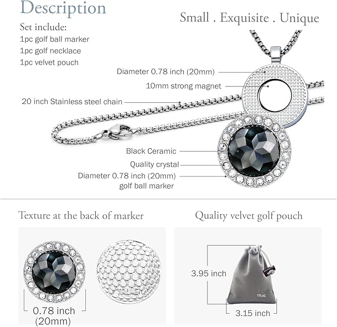 Golf Ball Marker with Ceramic Crystal Ball Marker Necklace (20mm Small Size) Gifts Accessories Women Golfers
