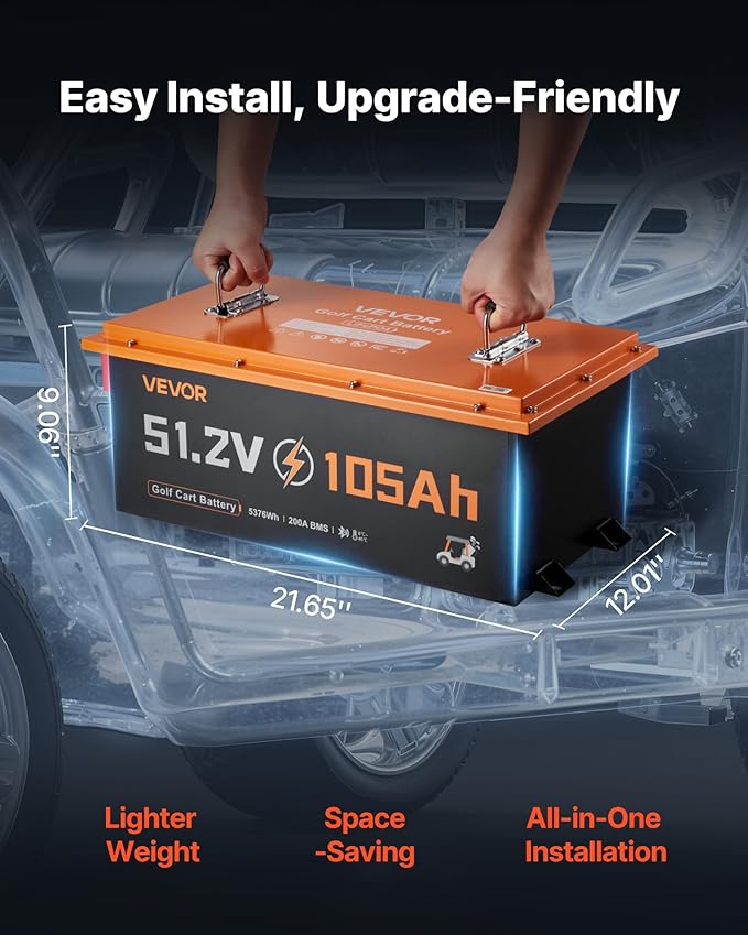 VEVOR 48V (51.2V) 105AH Lithium Golf Cart Battery, with 18A Charger, Lifepo4 Battery Kit, Built-in 200A BMS, with Bluetooth & Touch Monitor, 4000 Cycles, Metal Case, for Golf Carts, Trolling Motors